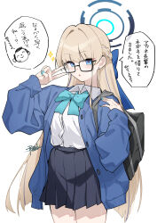  1boy 1girl absurdres bag bespectacled black_skirt blonde_hair blue_archive blue_bow blue_eyes blue_halo blue_jacket blue_nails bow buttons commentary_request cowboy_shot doodle_sensei_(blue_archive) earrings glasses halo highres jacket jewelry long_hair long_sleeves looking_at_viewer pasuterusawaa pleated_skirt school_bag sensei_(blue_archive) shirt signature simple_background skirt sparkle spoken_character toki_(blue_archive) toki_(school_uniform)_(blue_archive) translation_request v white_background white_shirt 