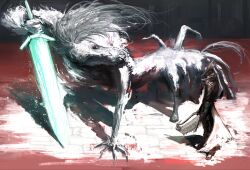  1boy 1other black_hat blood bloodborne boss_fight extra_legs from_above green_eyes grey_hair hat highres holding holding_sword holding_weapon horse_boy hunter_(bloodborne) indoors kyezzzz long_hair ludwig_the_accursed male_focus monster_boy moonlight_greatsword saw saw_cleaver standing sword tricorne weapon 
