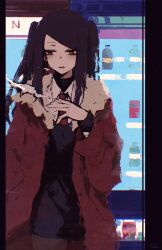  1girl absurdres black_hair blush cigarette coat commentary dated_commentary highres holding holding_cigarette jill_stingray long_hair long_sleeves necktie open_mouth red_coat red_eyes red_necktie rnna smoke solo two_side_up va-11_hall-a vending_machine 