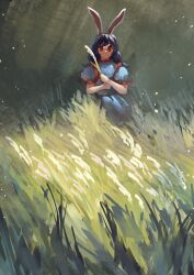  1girl absurdres animal_ears blue_dress blue_hair closed_mouth commentary_request cowboy_shot dress expressionless field grass green_background highres long_hair looking_at_viewer nanaironokabi rabbit_ears red_eyes seiran_(touhou) solo touhou 