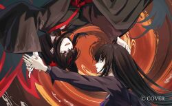  2girls :d ahoge animal_ear_fluff animal_ears black_hair black_haori black_kimono black_nails black_sailor_collar black_shirt blue_eyes blue_neckerchief braid commentary_request copyright_notice flame_print fox_ears fox_girl fox_tail hair_between_eyes haori highres hololive japanese_clothes kimono kurokami_fubuki long_hair long_sleeves looking_at_another multiple_girls nagae_yama nail_polish neckerchief official_art open_mouth puffy_long_sleeves puffy_sleeves red_eyes red_hair red_streaks sailor_collar sailor_shirt school_uniform sharp_teeth shirt side_braid single_braid smile tail teeth upper_teeth_only upside-down virtual_youtuber wide_sleeves 