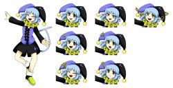  1girl :d :o ? aimturein bad_id bad_tumblr_id black_hat black_shorts blue_hair blush_stickers buttons clover confused deltarune diamond_(shape) genderswap genderswap_(mtf) green_shoes happy hat heart jester_cap jevil laughing multicolored_hat multiple_expressions neck_ruff pointy_ears pom_pom_(clothes) purple_hat purple_vest ringed_eyes shoes shorts smile smug spade_(shape) tail utdr_(toby_fox) vest yellow_eyes zun_(style) 