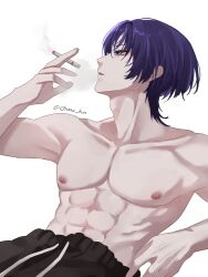  1boy black_pants blunt_ends chenno_kun cigarette genshin_impact highres holding holding_cigarette male_focus muscular muscular_male nipples pants purple_hair scaramouche_(genshin_impact) short_hair solo topless_male violet_eyes wanderer_(genshin_impact) white_background 