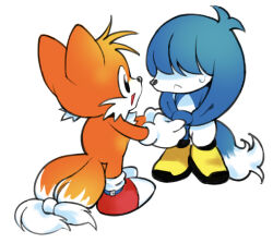  2boys animal_ears black_eyes blue_fur boots child classic_tails commentary english_commentary fox_boy fox_ears fox_tail full_body furry furry_male gloves hair_over_eyes highres holding_hands in-franchise_crossover kitsunami_the_fennec male_focus multiple_boys multiple_tails simple_background smile sonic_(series) sonic_the_hedgehog_(classic) sonic_the_hedgehog_(idw) standing stiffcorpse tail tails_(sonic) tied_ears two_tails white_background white_gloves yellow_boots yellow_fur 