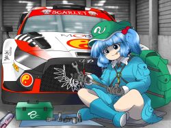  1girl 3girls :p backpack bag beads blue_hair blunt_bangs car decal edwardmidori flandre_scarlet green_bag green_hat hair_beads hair_ornament hat highres holding holding_screwdriver holding_tool holding_wrench kawashiro_nitori key motor_vehicle multiple_girls race_vehicle racecar remilia_scarlet screwdriver tongue tongue_out toolbox touhou wrench 