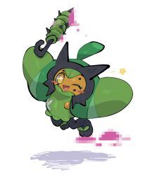  1girl :d blush_stickers cloak club_(weapon) colored_skin fang full_body green_cloak holding holding_club holding_weapon ivy_cudgel_(pokemon) looking_at_viewer ogerpon one_eye_closed open_mouth orange_skin plant_hair pokemon pokemon_(creature) pokemon_focus simple_background smile solo spiked_club standing star-shaped_pupils star_(symbol) symbol-shaped_pupils weapon white_background yellow_eyes yumeminoideyu2 