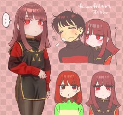  1boy 1girl ambiguous_gender bandages blush brown_hair chara_(undertale) closed_eyes frisk_(undertale) heart_soma red_eyes robe underfell undertale utdr_(toby_fox) 