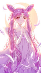  1girl bishoujo_senshi_sailor_moon chibi_usa closed_mouth commentary_request cone_hair_bun crescent crescent_facial_mark crescent_moon double_bun dress facial_mark falling_feathers feathers forehead_mark hair_bun long_hair moon own_hands_clasped own_hands_together pink_dress pink_hair red_eyes short_sleeves signature simple_background small_lady_serenity smile solo tsumagari_yuki twintails very_long_hair white_background 