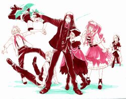  3girls 4boys blush caules_forvedge_yggdmillennia cigarette cloak coat cup dress fate_(series) flat_escardos floating frilled_skirt frills gray_(fate) headpat hug kawabata_arata limited_palette long_hair lord_el-melloi_ii lord_el-melloi_ii_case_files melvin_weins multiple_boys multiple_girls pink_hair reines_el-melloi_archisorte sitting skirt smoking svin_glascheit teacup waver_velvet yvette_l._lehrman 