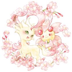  :d alternate_color alternate_shiny_pokemon animal_focus animal_hands brown_fur cherrim cherrim_(sunshine) cherry_blossoms flower full_body green_eyes highres leafeon looking_at_another no_humans open_mouth pink_flower pink_fur pokemon pokemon_(creature) pokemon_focus red_eyes remedy_matome shiny_pokemon simple_background smile standing white_background yellow_fur 