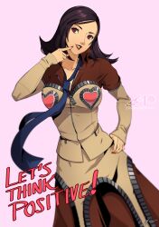  1girl amano_maya black_hair breasts eightyfourart hand_on_own_hip highres medium_breasts patreon_logo patreon_username persona persona_2 pink_background pointing pointing_at_mouth pointing_at_self smile 
