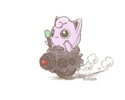  artist_name closed_mouth commentary_request green_eyes highres holding jigglypuff kirby_(series) kirby_super_star no_humans one-eyed parody pokemon pokemon_(creature) pokemon_focus riding riding_pokemon rolycoly simple_background sitting smile white_background yam_art_o 