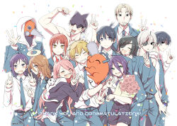  59_(seventhstar) 6+boys 6+girls ^_^ angel_devil_(chainsaw_man) beam_(chainsaw_man) black_coat black_jacket black_pants black_shorts black_suit blush bouquet cat chainsaw_man closed_eyes coat commentary_request confetti creature demon_horns denji_(chainsaw_man) double_w dress_shirt eyepatch fangs halo hayakawa_aki higashiyama_kobeni highres himeno_(chainsaw_man) hood hoodie horns hugging_object jacket kishibe_(chainsaw_man) locked_arms looking_at_viewer makima_(chainsaw_man) multiple_boys multiple_girls pants pochita_(chainsaw_man) power_(chainsaw_man) quanxi_(chainsaw_man) reze_(chainsaw_man) ringed_eyes shark_boy sharp_teeth shirt shorts smile suit teeth topless_male v violence_fiend_(chainsaw_man) w white_cat white_hoodie white_shirt yoshida_hirofumi 