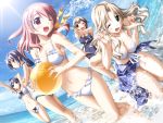  ashita_no_kimi_to_au_tame_ni beach bikini blonde_hair blue_hair brown_hair game_cg izumi_saya kurashima_tomoyasu mikaze_rika multiple_girls nanami_mina one-piece one-piece_swimsuit pink_hair sarong school_swimsuit splash swimsuit wakamiya_asuka water water_gun watergun wink yuugiri_ruriko 