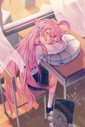 1boy 1girl ahoge arms_on_table artist_name black_shoes black_skirt blue_archive blush cellphone chair closed_eyes commentary curtains desk doodle_sensei_(blue_archive) drooling fang hair_flaps highres holding holding_phone hoshino_(blue_archive) indoors long_hair long_sleeves mouth_drool muze-8 nose_bubble on_chair open_mouth phone pillow pink_hair pleated_skirt reflection school_chair school_desk school_uniform sensei_(blue_archive) shirt shoes signature sitting skin_fang skirt sleeping sleeping_on_desk smartphone smile sneakers socks taking_picture very_long_hair white_shirt white_socks window wooden_floor 