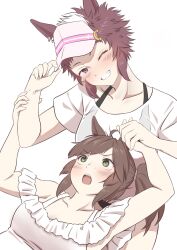  2girls :o annoyed blunt_bangs blush borrowed_accessory borrowed_clothes breasts brown_hair collarbone commentary_request diagonal_bangs freckles green_eyes grin hand_on_another&#039;s_arm head_tilt highres holding_hands ines_fujin_(umamusume) lying lying_on_person medium_breasts mejiro_ryan_(umamusume) multiple_girls on_back one_eye_closed shirt short_hair short_sleeves side_ponytail simple_background smile spiky_hair swimsuit swimsuit_under_clothes t-shirt takenoko_(rakugaki_chou) umamusume v-shaped_eyebrows violet_eyes visor_cap white_background white_hair white_shirt 