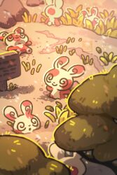  @_@ grass highres no_humans open_mouth petite_echorizon playing pokemon pokemon_(creature) pokemon_rse rabbit smile spinda spiral-only_eyes tree volcanic_ash 