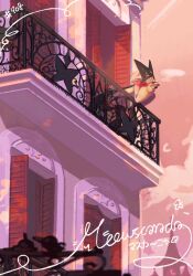  1other animal_hands cape character_name claws closed_mouth cup draw_pann33 full_body furry green_fur green_hair half-closed_eyes highres holding holding_cup looking_at_viewer mask meowscarada other_focus outdoors pink_eyes pink_sky pokemon pokemon_(creature) short_hair short_tail sky solo standing tail teacup two-tone_fur 