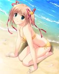  bad_id barefoot beach bikini brown_hair hair_ribbon hinata_nao kamikita_komari kneeling little_busters! little_busters!! ribbon swimsuit twintails 
