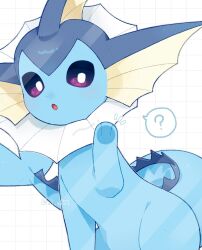  ? against_glass animal_focus blue_eyes blue_fur cetacean_tail fins fish_tail forked_tail head_fins highres looking_at_viewer no_humans open_mouth pokemon pokemon_(creature) pokemon_focus simple_background solo speech_bubble tail vaporeon violet_eyes vli_sk22 white_background 