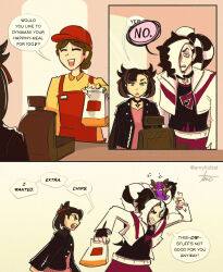  1boy 2girls anger_vein bag black_hair black_jacket brother_and_sister cash_register cashier driftingnova eyeshadow green_eyes highres jacket makeup marnie_(pokemon) morpeko morpeko_(hangry) multicolored_hair multiple_girls one_eye_closed paper_bag pendant_choker piers_(pokemon) pokemon pokemon_(creature) pokemon_swsh purple_eyeshadow siblings signature two-tone_hair white_hair 