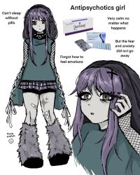  1girl applying_makeup aqua_hair bags_under_eyes bandaid bandaid_on_knee bandaid_on_leg black_collar black_nails collar ershmash fishnet_arm_warmers fur_leg_warmers grey_arm_warmers grey_hair grey_leg_warmers grey_shirt hair_ornament hairclip hand_up highres leg_warmers long_hair multicolored_hair nail_polish original shirt simple_background spiked_collar spikes two-tone_hair white_background x_hair_ornament 