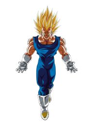 1boy battle_damage blonde_hair blue_bodysuit bodysuit boots dragon_ball dragon_ball_z full_body gloves highres kasuteraboy25 majin_vegeta medium_hair muscular muscular_male simple_background smirk solo spiky_hair super_saiyan_2 vegeta veins white_background white_boots white_gloves