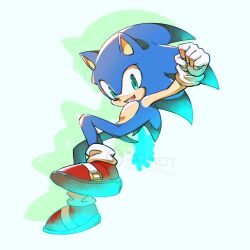  1boy 3582y animal_ears animal_nose blue_fur commentary_request full_body furry furry_male gloves green_eyes hedgehog_boy looking_at_viewer male_focus open_mouth red_shoes shoes short_tail simple_background smile solo sonic_(series) sonic_the_hedgehog tail watermark white_background white_gloves 