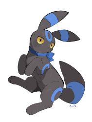  alternate_color animal_focus animal_hands black_fur blue_bow blue_fur blue_ribbon bow closed_mouth facial_mark forehead_mark full_body looking_at_viewer no_humans pokemon pokemon_(creature) pokemon_focus ribbon shiny_pokemon simple_background sitting solo umbreon white_background yellow_eyes yumeminoideyu2 