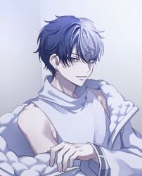  1boy aoyagi_touya blue_eyes blue_hair clenched_teeth competitive_fire!_(project_sekai) earrings hashtag-only_commentary high_collar highres jacket jacket_partially_removed jewelry lightning_bolt_earrings lightning_bolt_symbol looking_at_viewer male_focus mole mole_under_eye multicolored_hair official_alternate_costume official_alternate_hairstyle open_clothes open_jacket project_sekai shirt short_hair sideways_glance sleeveless sleeveless_shirt smile solo split-color_hair teeth two-tone_hair white_jacket white_shirt yus18281881 