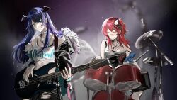  2girls arknights bandaid bandaid_on_face bandaid_on_nose bass_guitar black_camisole blue_eyes blue_hair breasts camisole closed_eyes closed_mouth commentary exusiai_(arknights) feiyu30903448 head_wings highres holding holding_bass_guitar holding_instrument instrument long_hair medium_breasts mostima_(arknights) multiple_girls one_side_up playing_drum tank_top white_tank_top wings 