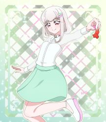  1girl absurdres artist_name bare_legs blonde_hair blush border bow bowtie breasts brooch closed_mouth collared_shirt colored_shoe_soles commentary fingernails food food_art foot_out_of_frame gingham_background gradient_eyes green_background green_border green_skirt hair_ornament hairpin heart heart_background high_heels highres holding holding_food jewelry kimi_to_idol_precure leg_up long_sleeves looking_at_viewer miniskirt multicolored_eyes outline outside_border outstretched_arm patterned_background pink_eyes precure purirun_(civilian)_(precure) purirun_(precure) sakuragawa3710 sausage see-through_clothes see-through_shirt see-through_sleeves shirt shirt_tucked_in shoes short_hair skirt sleeve_cuffs small_breasts smile solo sparkle sparkle_background split_mouth star_brooch strappy_heels tako-san_wiener wedge_heels white_bow white_bowtie white_outline white_shirt white_shoes 