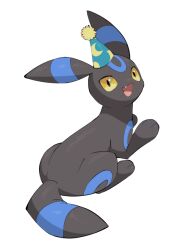  :d alternate_color animal_focus animal_hands aqua_hat black_fur blue_fur facial_mark fang forehead_mark full_body hat looking_at_viewer lying no_humans open_mouth party_hat pokemon pokemon_(creature) pokemon_focus shiny_pokemon simple_background smile solo two-tone_fur umbreon white_background yellow_eyes yumeminoideyu2 