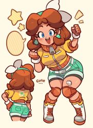  1girl :d aqua_hairband aqua_shorts bandaid bandaid_on_leg belt blank_speech_bubble blue_eyes blush boots brown_hair clenched_hands commentary earrings english_commentary english_text eyelashes facing_away fingerless_gloves from_behind gloves hair_over_shoulder hair_ribbon hairband hand_on_own_hip hands_up highres jacket jewelry knee_pads knees_together_feet_apart lace-up_boots looking_at_viewer loveycloud low_twintails mario_kart mario_kart_world medium_hair multiple_views notice_lines official_alternate_costume open_mouth orange_gloves orange_socks princess_daisy princess_daisy_(touring) puffy_short_sleeves puffy_sleeves ribbed_socks ribbon short_shorts short_sleeves shorts simple_background smile socks speech_bubble standing star_(symbol) super_mario_bros. teeth twintails upper_teeth_only white_belt white_boots white_ribbon yellow_background yellow_jacket zipper zipper_pull_tab 