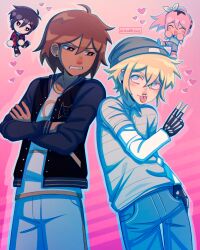  1girl 3boys alternate_costume alternate_hair_color alternate_hairstyle alternate_universe artist_name aubrey_(faraway)_(omori) aubrey_(omori) basil_(faraway)_(omori) basil_(omori) bike_shorts bike_shorts_under_shorts black_eyes black_gloves black_hair black_jacket black_shoes blonde_hair blue_eyes blue_shirt blue_shorts blush bright_pupils brown_hair chibi closed_eyes collarbone crossed_arms dark-skinned_male dark_skin denim ear_piercing emori_(shrimperini) face_piercing fingerless_gloves gloves hairband heart highres jacket jeans kel_(faraway)_(omori) kel_(omori) long_hair long_sleeves multicolored_hair multiple_boys nose_piercing nose_ring omori open_mouth pants parted_lips piercing pink_hair ponytail shirt shoes short_hair shorts sidelocks smile sneakers something_(omori) sunny_(omori) t-shirt tongue tongue_out two-tone_hair v white_pupils yellow_hairband zoewillowz 