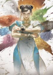  2girls 6+boys akuma_(street_fighter) beard black_hair blanka bracelet cammy_white capcom_cup chinese_clothes chun-li commentary_request crossed_arms double_bun facial_hair fukumori_(capcom) hair_bun hair_ribbon headband hood jamie_siu jewelry jp_(street_fighter) looking_at_viewer m._bison multiple_boys multiple_girls official_alternate_costume official_art paint promotional_art rashid_(street_fighter) ribbon ryu_(street_fighter) serious street_fighter street_fighter_6 zangief 