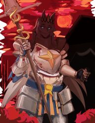  1girl absurdres ahoge animal_ears armor ballistic_shield blood blood_on_armor blue_eyes breastplate cape cupperexe full_armor full_moon gauntlets gloves gradient_sky grey_hair hair_between_eyes hair_ornament highres holding holding_polearm holding_shield holding_weapon horse_ears horse_girl knight lance long_hair looking_at_viewer moon multicolored_hair oguri_cap_(umamusume) pauldrons polearm red_moon red_sky shield shoulder_armor sky solo umamusume weapon 