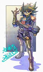  1boy adjusting_eyewear black_hair black_shirt blonde_hair blue_eyes blue_jacket boots brown_gloves dated facial_mark fudo_yusei full_body gloves highres jacket male_focus multicolored_hair oomasa_teikoku shirt solo streaked_hair thigh_boots two-tone_hair yu-gi-oh! yu-gi-oh!_5d&#039;s 