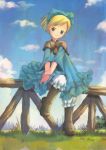 bloomers boots cloud clouds dress fence hairband headband highres outdoors short_hair sitting sky 