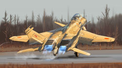  1other absurdres afterburner aircraft airplane artist_name blurry blurry_foreground bollard canards canopy_(aircraft) commentary_request contrail fighter_jet from_behind grass helmet highres japan_air_self-defense_force japan_self-defense_force kudryavka_trop landing_gear military military_vehicle original outdoors pilot pilot_helmet red_sun roundel runway science_fiction signature takeoff tree vehicle_focus 