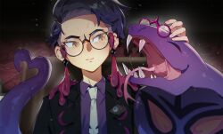 1boy arbok black-framed_eyewear black_hair black_jacket collared_shirt commentary_request corbeau_(pokemon) dated_commentary glasses hand_up heart heart_tail jacket male_focus necktie picklehaterx_x pokemon pokemon_(creature) pokemon_legends:_z-a round_eyewear shirt short_hair tail yellow_eyes 