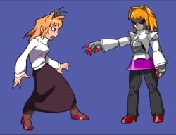  2girls ahoge arcueid_brunestud blonde_hair breasts casinobunbun claws dual_persona fang fingernails highres joints mechanical_arms mechanical_legs melty_blood meme metal_skin multiple_girls pantyhose purple_skirt red_eyes red_shoes rivalry robot robot_girl robot_joints sharp_fingernails shoes short_hair skirt sonic_(series) sonic_cd sonic_the_hedgehog_(classic) surprised sweat sweater tsukihime turtleneck turtleneck_sweater white_sweater 