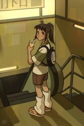  1girl ahoge backpack bag brown_shoes brown_shorts commentary cup disposable_cup drinking drinking_straw english_commentary escalator full_body gluca highres holding holding_cup kaonashi looking_at_viewer looking_back loose_socks objectification ogino_chihiro ponytail sen_to_chihiro_no_kamikakushi shirt shoes shorts sidelocks signature socks solo stairs striped_clothes striped_shirt t-shirt 
