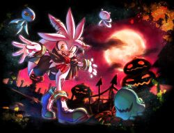  1boy 3582y :d animal_ears animal_nose bandages black_cape body_fur boots bracelet cape commentary_request cyan_wisp_(sonic) fangs full_moon furry furry_male gloves gold_bracelet grey_fur halloween hedgehog_boy highres in-universe_location jack-o'-lantern jade_wisp_(sonic) jewelry looking_at_viewer male_focus moon neck_fur necktie official_alternate_costume open_mouth outdoors outstretched_arms pumpkin_hill red_necktie short_tail silver_the_hedgehog silver_the_hedgehog_(vampire) smile solo_focus sonic_(series) sonic_adventure_2 sonic_colors standing tail walking white_fur white_gloves wisp_(sonic) yacker_the_wisp yellow_eyes 