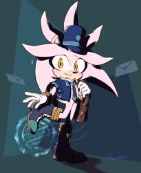  1boy 3582y :3 animal_ears animal_nose bag black_boots blue_hat blue_necktie blue_shirt blush boots bracelet brown_bag commentary_request full_body furry furry_male gloves gold_bracelet grey_fur hat hedgehog_boy holding jewelry leg_up letter looking_at_viewer male_focus messenger_bag necktie official_alternate_costume open_clothes open_shirt shirt short_tail shoulder_bag silver_the_hedgehog silver_the_hedgehog_(postman) smile solo sonic_(series) sonic_channel standing standing_on_one_leg tail white_gloves yellow_eyes 