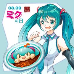  1girl aqua_eyes aqua_hair aqua_necktie character-themed_food commentary curry curry_rice detached_sleeves food food_focus grey_shirt hatsune_miku headset highres long_hair miku_day necktie rice shirt sleeveless sleeveless_shirt twintails very_long_hair vocaloid yuki00yo 