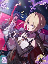  2girls arm_strap astra_yao black_hair black_pants blunt_sidelocks chest_harness earrings elbow_gloves evelyn_chevalier gloves hair_up hairband half_gloves harness high-waist_pants highres holding holding_microphone_stand jacket jackets jewelry latex_pants long_ribbon microphone_stand multiple_girls necklace necktie official_art pants pearl_necklace red_jacket red_shrug ring_hair_ornament shirt shrug_(clothing) sidelocks single_elbow_glove single_half_glove thigh_beads tight_clothes tight_pants uneven_bangs white_hairband yellow_necktie zenless_zone_zero 