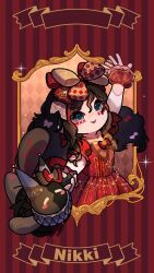  1girl absurdres argyle_bow argyle_bowtie argyle_clothes arm_cutout banner black_hair blue_eyes bow bowtie brooch chibi closed_mouth clothing_cutout commentary copyright_name crimson_rhapsody_(infinity_nikki) dancing dress english_commentary esseling_(infinity_nikki) eyelashes facepaint felispirit_sack_(infinity_nikki) frilled_sleeves frilled_wrist_cuffs frills gloves gown hair_between_eyes hair_bow happy highres hime_lolita holding_hands infinity_nikki jewelry lace lace_gloves large_bow light_particles lipstick lolita_fashion long_hair looking_at_viewer makeup messy_hair multiple_hair_bows necklace nikki_(series) picture_frame pleated_dress puffy_short_sleeves puffy_sleeves red_background red_bow red_bowtie red_dress red_lips red_wrist_cuffs short_sleeves smile sparkle striped_clothes striped_dress two-tone_bow vertical-striped_background vertical-striped_clothes vertical-striped_dress very_long_hair white_arm_warmers white_bow white_gloves wrist_cuffs yellow_bow yellow_bowtie yemuzi 