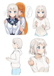  ... 1boy 2girls absurdres blue_ribbon blush braid breasts collarbone commentary_request cropped_legs cropped_torso disembodied_hand gakuen_idolmaster grey_hair grin hair_ribbon half_up_braid hatsuboshi_gakuen_school_uniform highres hood hoodie hukahito idolmaster jacket katsuragi_lilja long_hair long_sleeves looking_at_viewer medium_breasts multiple_girls neck_ribbon orange_hair ribbon ribbon_braid school_uniform shirt shiun_sumika short_hair smile speech_bubble spoken_ellipsis straight_hair sweatdrop translation_request upper_body very_long_hair white_hoodie white_jacket white_shirt 