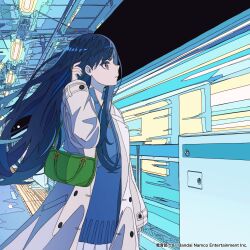  1girl absurdres adjusting_hair album_cover blue_dress blue_hair coat commentary_request copyright_notice cover cowboy_shot denonbu dress green_bag grey_coat hand_up highres ligne_claire long_hair long_sleeves looking_ahead looking_to_the_side ninuru official_alternate_costume official_art profile shinonome_kazune solo standing train train_station 